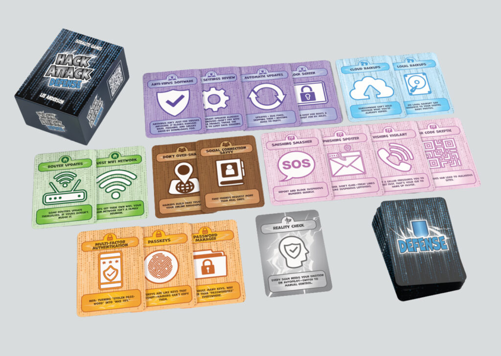 Defense cards fanned out by category with the Defense deck