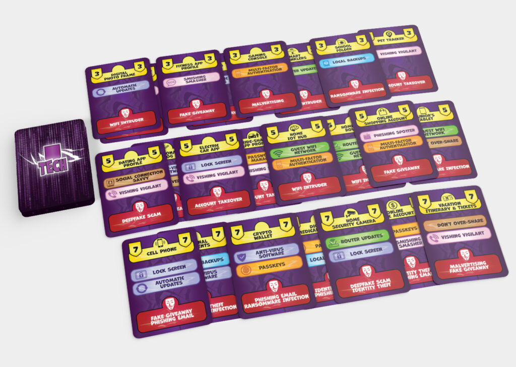 Tech cards from Hack Attack: Defense spread out next to the Tech deck, showing point values and required Defenses