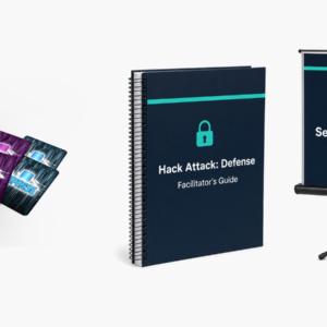 hack attack game with cards laid out, facilitator guide, and presentation screen