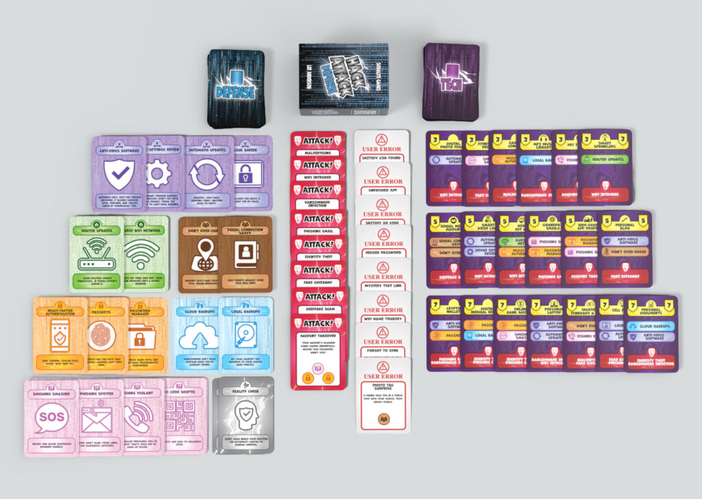 A full Hack Attack: Defense table: Defense cards, Attack and User Error cards, Tech cards, and the three decks