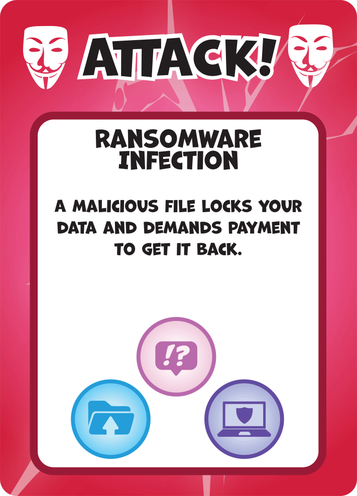 Hack Attack: Defense Attack card, Ransomware Infection, showing Backups, Social Engineering, and Device Security icons