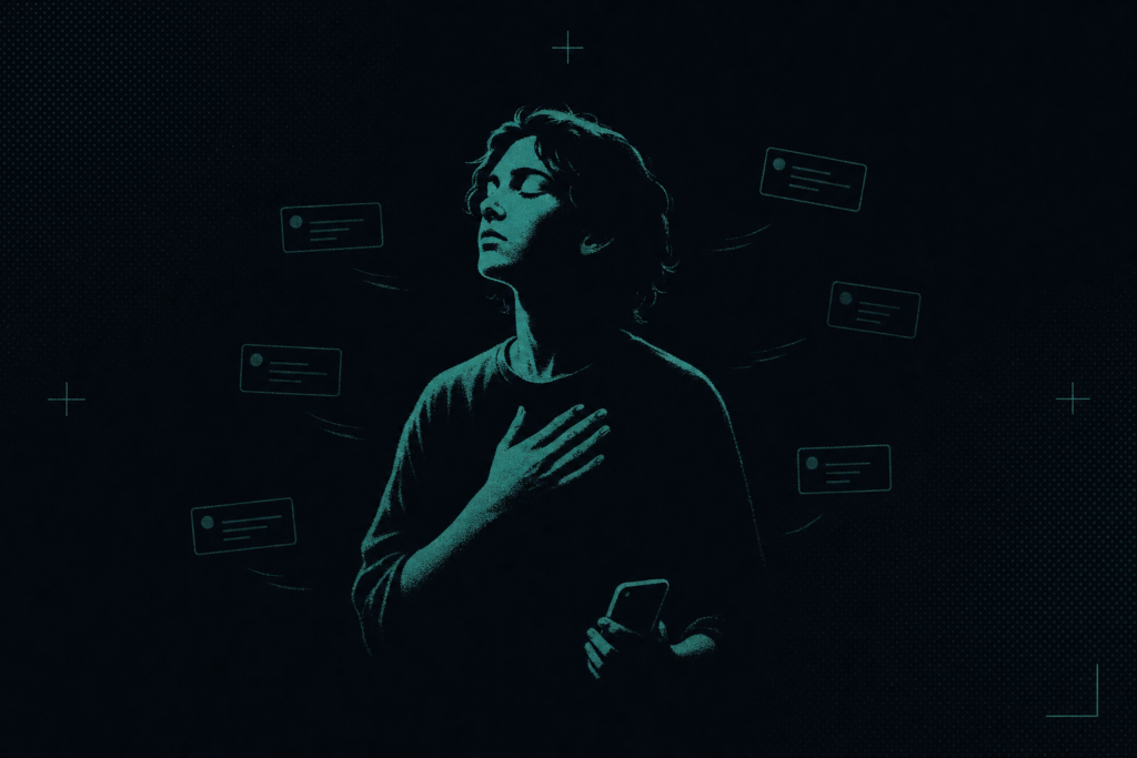 A person with eyes closed and a hand on their chest, lit in teal, while message notifications drift away from them