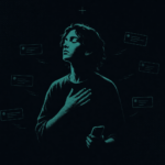 A person with eyes closed and a hand on their chest, lit in teal, while message notifications drift away from them
