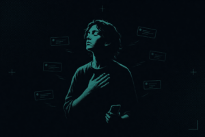 A person with eyes closed and a hand on their chest, lit in teal, while message notifications drift away from them