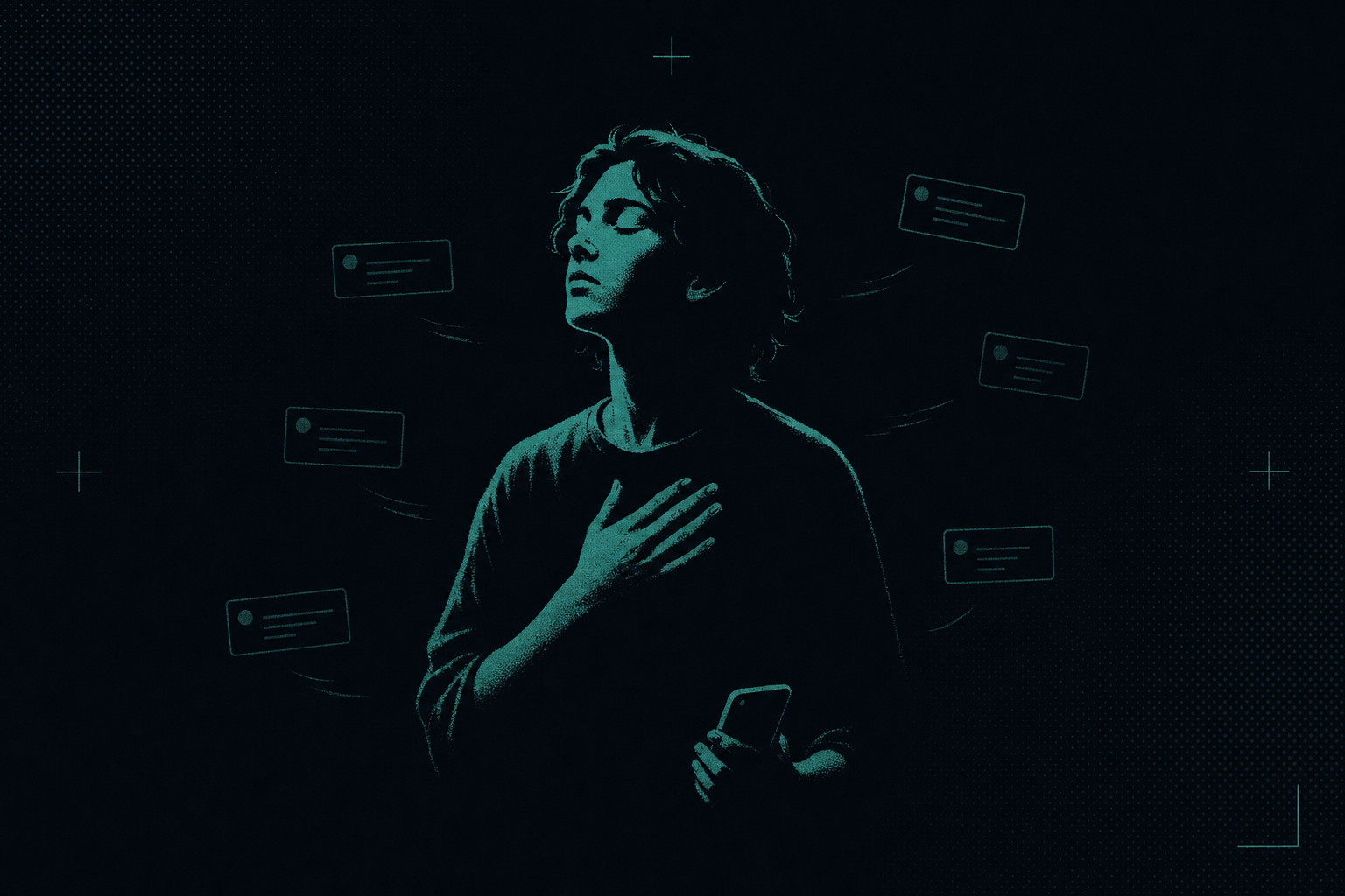 A person with eyes closed and a hand on their chest, lit in teal, while message notifications drift away from them