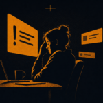 A person at a desk with eyes closed and a hand pressed to their temple, lit in orange, while a large alert notification pushes in toward them