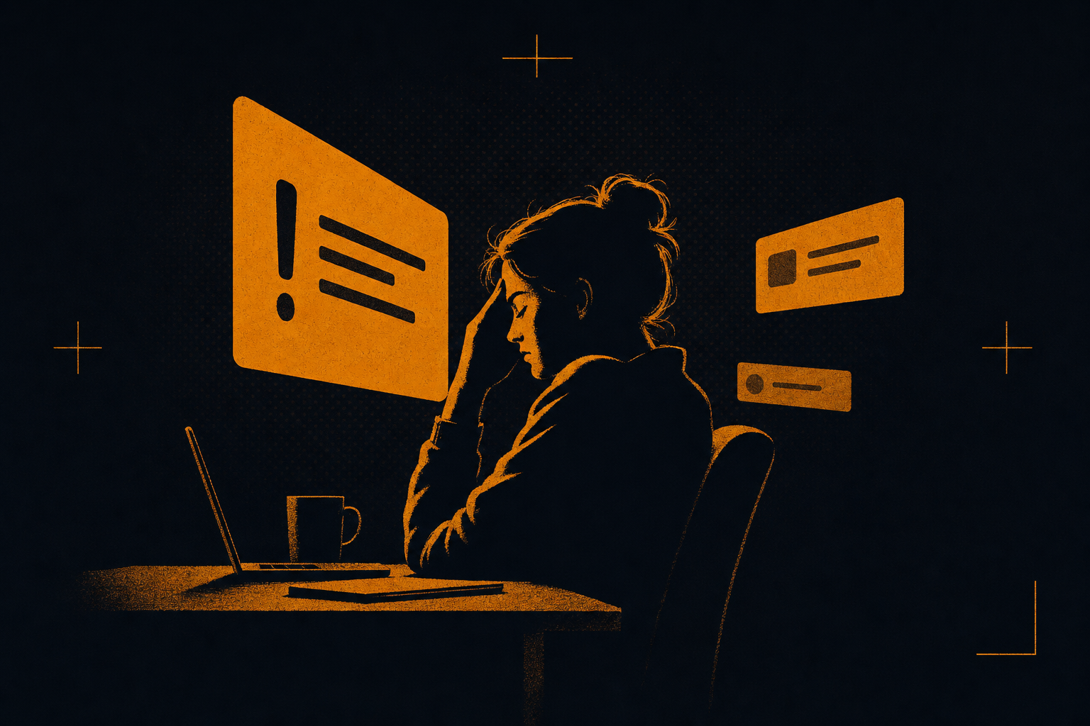 A person at a desk with eyes closed and a hand pressed to their temple, lit in orange, while a large alert notification pushes in toward them
