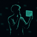 Illustration of a person with a hand at their chin, curiously studying a message held at arm's length while other messages drift in the background.