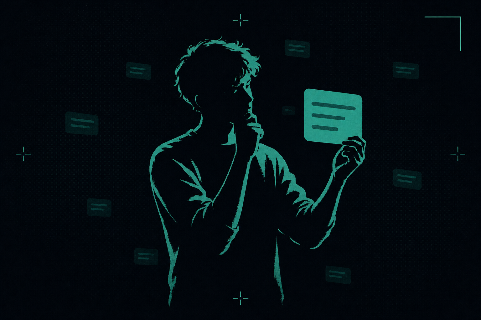 Illustration of a person with a hand at their chin, curiously studying a message held at arm's length while other messages drift in the background.