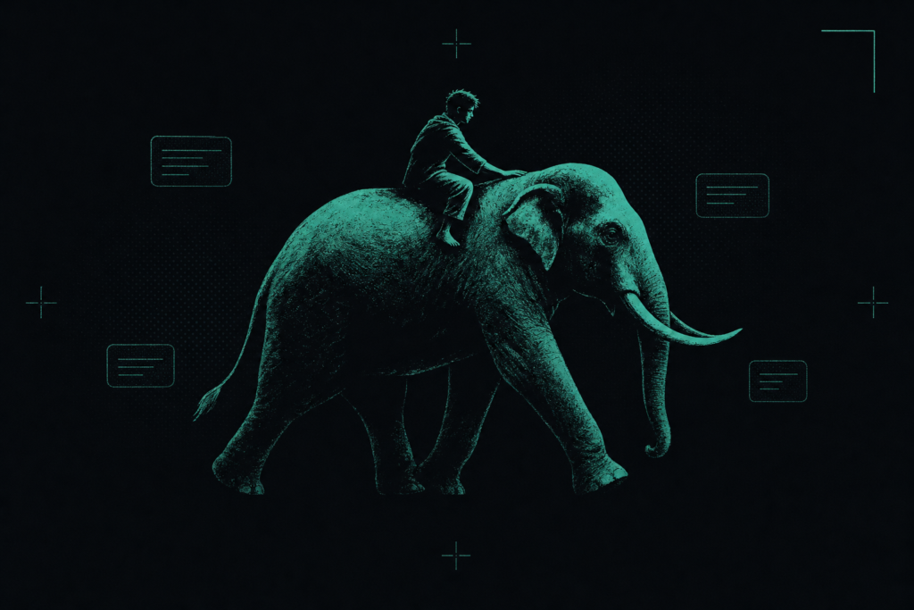 A small rider sits on the back of a huge striding elephant, one hand resting on its neck to guide it, lit in teal while message panels float nearby