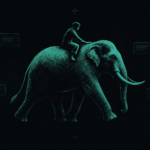 A small rider sits on the back of a huge striding elephant, one hand resting on its neck to guide it, lit in teal while message panels float nearby