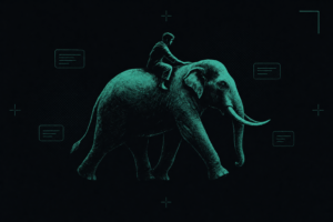 A small rider sits on the back of a huge striding elephant, one hand resting on its neck to guide it, lit in teal while message panels float nearby