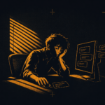 Illustration of a tired office worker slumped at a desk, chin on hand, as sunlight through window blinds glares across the desk and a message slides under their hand on the mouse.