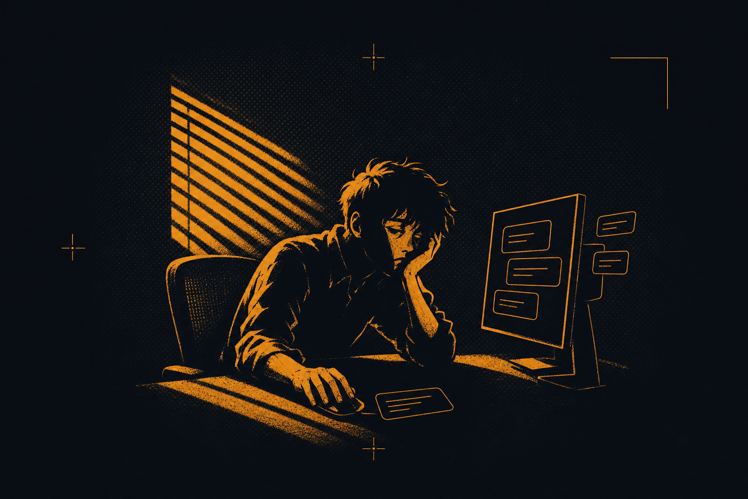 Illustration of a tired office worker slumped at a desk, chin on hand, as sunlight through window blinds glares across the desk and a message slides under their hand on the mouse.
